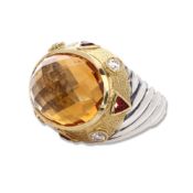 David Yurman Sterling Silver and 18k Yellow Gold Citrine, Garnet, and Diamond Ring