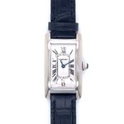 Ladies' Cartier Tank Am?ricaine in 18k White Gold with White Dial on Black Leather Strap
