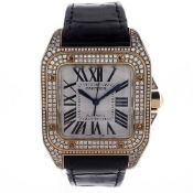 Cartier Santos 100 with 18k Yellow Gold and Diamond Case and Silver-Tone Dial