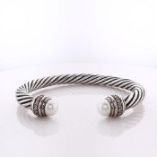 David Yurman Sterling Silver Cable Cuff with Cultured Pearl and Diamond Ends Bracelet