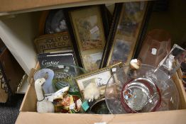 An assorted selection of items including glass vases and dishes, a wooden ornamental duck, two
