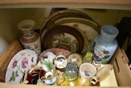 An assorted selection of items including blue glass vase having painted flower design, a Wedgwood '
