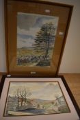 20th Century British School, watercolour, Two rural and autumnal village scenes depicting rows of