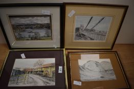 Four assorted pictures and prints including Menai Bridge, Hill View, Clifton Suspension Bridge and a