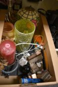 A miscellaneous selection of items including a Tiffany style table lamp, a spiral twisted metal lamp