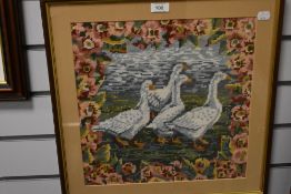 A wool work tapestry Geese by Pond glazed and framed.