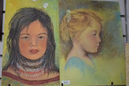 20th Century School, oil on board, Two amateur portraits of young girls, signed 'Sara Donaghy