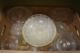 A carton of assorted glassware including cut and pressed glass dishes, etched dish and tazza sold