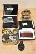Three vintage Ronson cigarette lighters and a selection of vintage costume jewellery and coins.