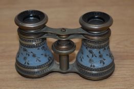 A pair of Lamier Fab Paris opera glasses, having etched decoration to blue barrels.