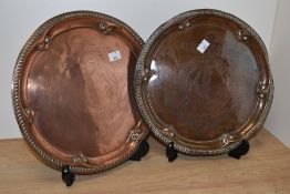 Two vintage engraved copper chargers, of HMS Nelson's Foudroyant battle ship interest, 'launched