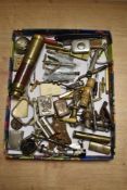 A 19th/20th Century three drawer brass and mahogany telescope, corkscrews, vesta cases, and other