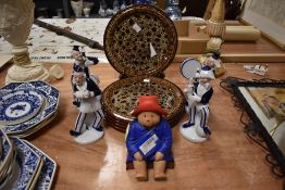 A Past Times Paddington Bear ornament, 17cm tall, four continental porcelain clown musician