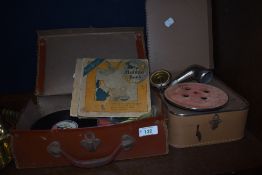 A selection of vintage 1930s gramophone needles, cleaner and nursery rhyme records, also included is