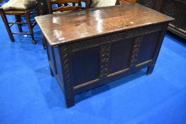A period oak three panel kist , dimensions approx. W112 H65 D54cm