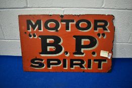 A vintage enamelled BP motor spirit sign, approx 61 x 38cm