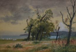 19th/20th Century School, watercolour, A pastoral and coastal landscape depicting sheep grazing bes