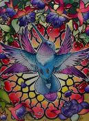 Mars Navarro (20th Century, Nomadic), mixed media, Hummingbird, a brightly coloured and decorative
