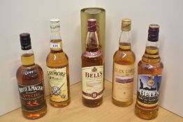 Five bottles of Blended Scotch Whisky, Glen Gorse, The Claymore, Whyte & Mackay Special, Bell's Help