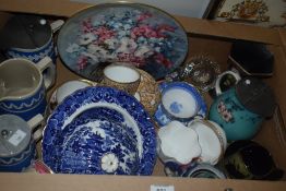 Two Copeland Spode 'Dancing Hour' jugs and a similar lidded jug AF, a blue and white cheese dish/