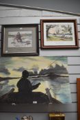 20th Century, oil on card, A silhouette of a fisherman, unframed, 52cm x 73cm, & two coloured
