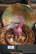 An Art Deco Falcon Ware bowl, a novelty treen rotating musical bowl, and a Vallee lustre vase