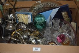 An assortment of cut glass items including display plate, salts and vases, a selection of platedware