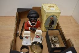 A vintage mechanical money box, two Royal Doulton bud vases, having floral design, A mid century