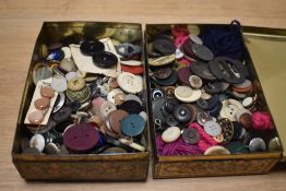 Two tins of vintage buttons and sewing accessories