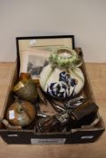 A miscellany of vintage items, including prints, desk top lighter, playing cards, cork screw etc.