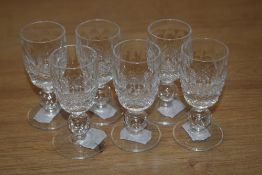 Six Waterford crystal sherry glasses in the Coleen style.