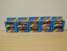 Ten 1981 Matchbox die-casts, MB7 IMSA Mazda, MB9 AMX Javelin, MB20 Volvo Container Truck Scotch