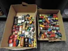 Two boxes of playworn die-casts including Corgi, Hotwheels, Matchbox etc, 50+