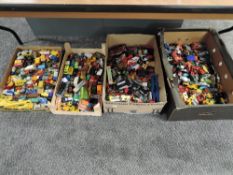 Four boxes of playworn die-casts including Dinky, Corgi, Matchbox etc