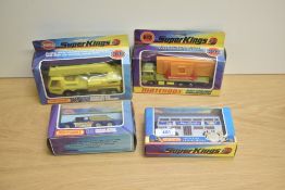 Four 1970's Matchbox SuperKings die-casts, K6 Motor-Cycle Transporter, K12 Hercules Mobile Crane,