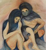 20th Century, watercolour, Two amateur watercolours of a coastal landscape and seated figures in
