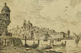 20th Century Continental School, etching, A harbour view, possibly Port of Valletta, Malta, signed
