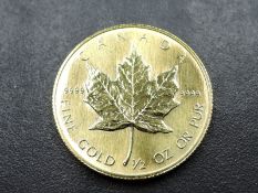 A Canadian Maple Leaf 1987 Queen Elizabeth II Fine Gold 1/2 oz or Pur 20 Dollar Coin, Purity 0.999