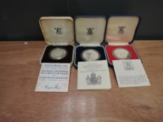 Three Royal Mint GB Silver Proof Crowns, Queen Mother 80th Birthday, 1977 Silver Jubilee and 1981