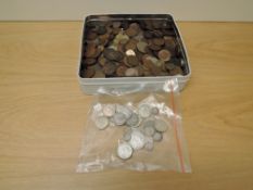 A tin box of GB Coins, small amount of pre 1947 Silver, some pre 1920 seen, Farthing up to Half