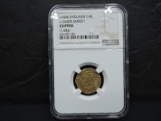 A 1624 James I GB Gold Quarter Laurel in NGS plastic capsule, Clipped