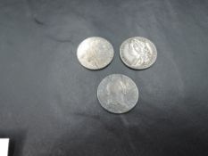 Three Great Britain Silver Shillings, 1745 Lima George II,1787 George III and William III 1695-1701,