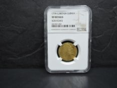 A 1774 George III GB Gold Guinea in NGS plastic capsule, XF Details, Scratches