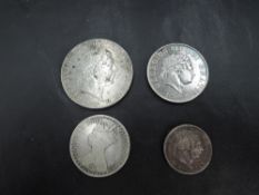 Four Great Britain Silver Coins, 1819 George III Crown, 1819 George III Half Crown, 1873 Queen