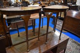 A pair of mid 20th Century demi lune side tables, approx width 73cm
