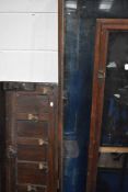 Two vintage showcases and an early 20th wall mounted oak coat rack