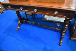 A Victorian mahogany sofa/side table having ledge back, two frieze drawers and glass handles on