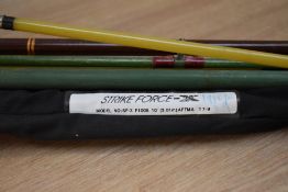 Four spinning rods, 2 are made of fibreglass and one is a Daiwa strike force X in original soft