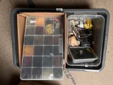 A collection of fly tying equipment including Vice, thread, hooks and feathers and 13 fly tying