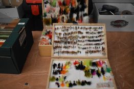 2 wooden boxes containing a large selection of trout and salmon flies must contain in excess of 1000
